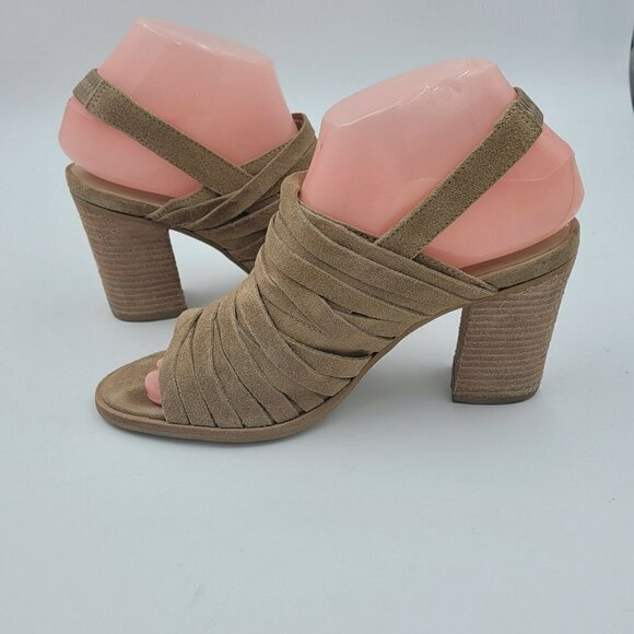 Matisse Mummy Sling Tan Suede Slingback Peep Toe 3" Block Heel Bootie Size 7M - Picture 3 of 11
